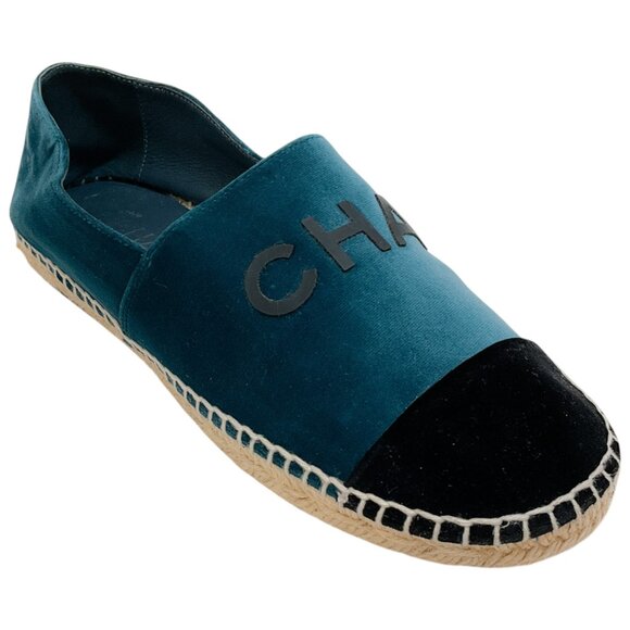 Chanel Teal / Black Velvet Logo Cap Toe Espadrilles - Picture 1 of 6